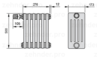 Схема (чертеж) Радиатор Zehnder Charleston 5050/6 №V011 Белый глянцевый RAL 9016